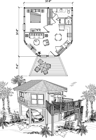 Piling House Plan PGE-0103 (525 Sq. Ft.) 1 Bedrooms 1 Bathrooms