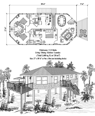 Piling House Plan PGE-0201 (1460 Sq. Ft.) 3 Bedrooms 2.5 Bathrooms