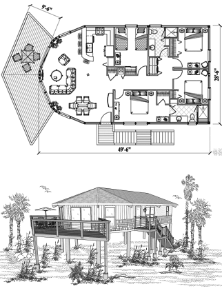 Piling House Plan PGE-0202 (1305 Sq. Ft.) 4 Bedrooms 2 Bathrooms