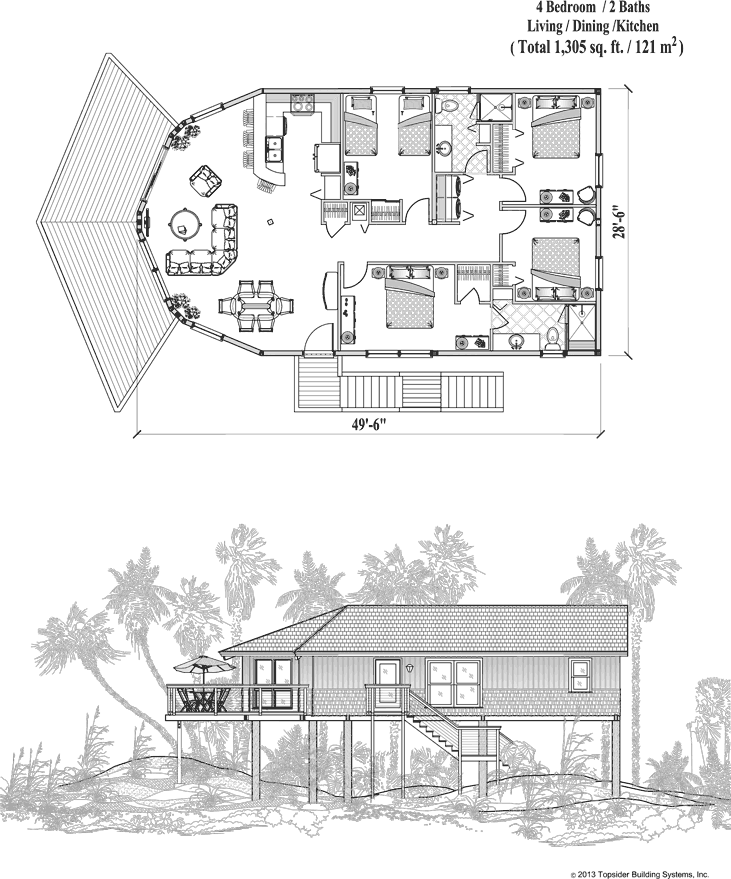 Prefab Piling House Plan - PGE-0202 (1305 sq. ft.) 4 Bedrooms, 2 Baths