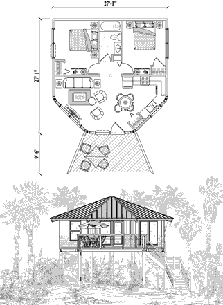 Piling House Plan PGE-0203 (670 Sq. Ft.) 2 Bedrooms 1 Bathrooms