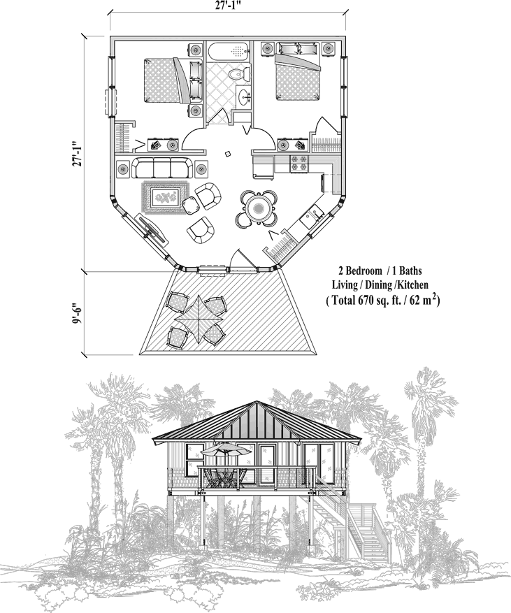 Prefab Piling House Plan - PGE-0203 (670 sq. ft.) 2 Bedrooms, 1 Baths