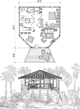 Piling House Plan PGE-0204 (670 Sq. Ft.) 1 Bedrooms 1 Bathrooms