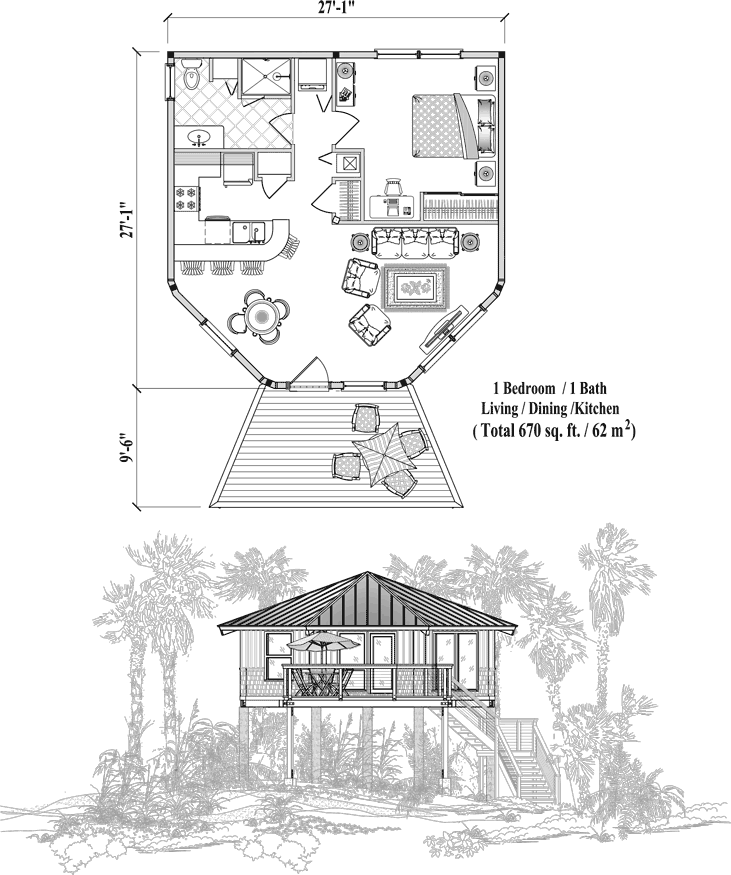 Prefab Piling House Plan - PGE-0204 (670 sq. ft.) 1 Bedrooms, 1 Baths