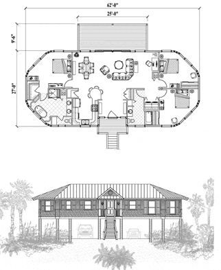 Elevated Piling home,   Floor Plan (1525 Sq. Ft. with 3 Bedrooms and 2 Bathrooms, including Living, Kitchen, Laundry, Foyer, Deck). Prefabricated in the US and exported/shipped internationally world-wide.