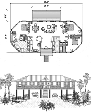 Hurricane-proof elevated Piling home, stilt house, or pedestal home Floor Plan (1525 Sq. Ft. with 3 Bedrooms and 2 Bathrooms, including Living, Kitchen, Laundry, Foyer, Deck). Best for home building in the Bahamas and other Caribbean locations.