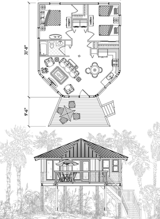 Elevated (Raised) Piling House, Stilt House, Hurricane Proof Home Floor Plan (800 Sq. Ft. with 2 Bedrooms and 1 Bathrooms, including Living, Dining, Kitchen, Laundry). Perfect for building a home on hurricane-prone Beachfront, Ocean Front, Island & Tropical locations.