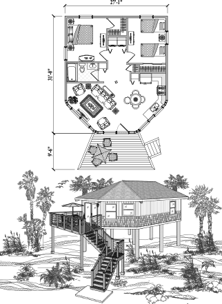 Elevated (Raised) Piling House, Stilt House, Hurricane-Resistant Home Floor Plan (800 Sq. Ft. with 2 Bedrooms and 1 Bathrooms, including Living, Dining, Kitchen, Laundry). Perfect for house building in hurricane-prone Coastal, Beach Front, Oceanfront, Island & Tropical locations.