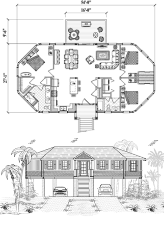 Elevated (Raised) Piling House, Stilt House, Hurricane-Proof Home Floor Plan (1315 Sq. Ft.) with 3 Bedrooms and 2 Bathrooms (includes Living, Dining, Kitchen, Laundry, Covered Entry). Best for home building in hurricane-prone Beach Front, Oceanfront, Island & Tropical locations.
