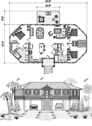 Beachfront & Coastal Piling Home, Stilt Home, Hurricane-Proof House Floor Plan (1315 Sq. Ft. with 3 Bedrooms and 2 Bathrooms, including Living, Dining, Kitchen, Laundry, Covered Entry). Best for home building in Coastal, Beach Front, Oceanfront, Island & Tropical locations.