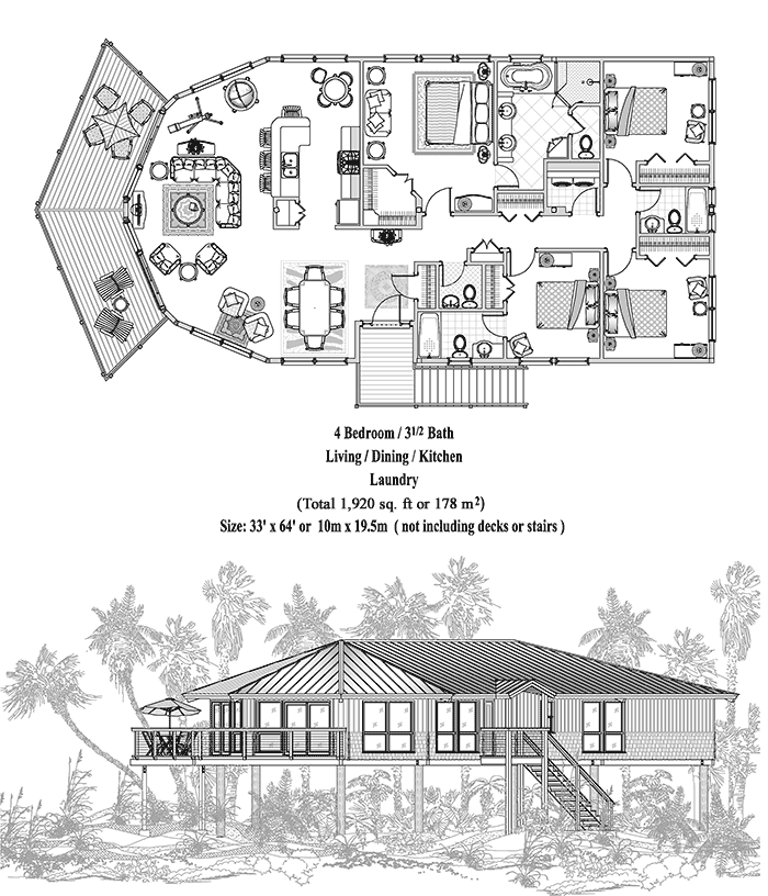 Prefab Piling House Plan - PGE-0301 (1920 sq. ft.) 4 Bedrooms, 3 1/2 Baths