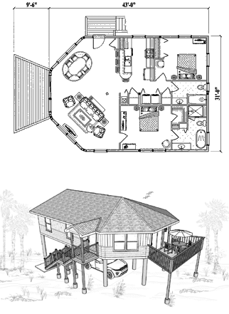 Piling House Plan PGE-0306 (1250 Sq. Ft.) 2 Bedrooms 2 Bathrooms