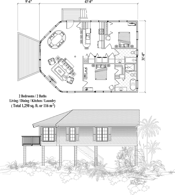 Prefab Piling House Plan - PGE-0306 (1250 sq. ft.) 2 Bedrooms, 2 Baths