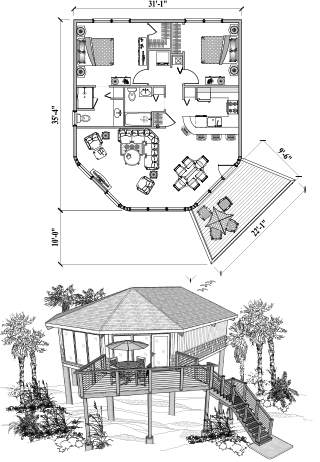 Piling House Plan PGE-0307 (1115 Sq. Ft.) 2 Bedrooms 2 Bathrooms