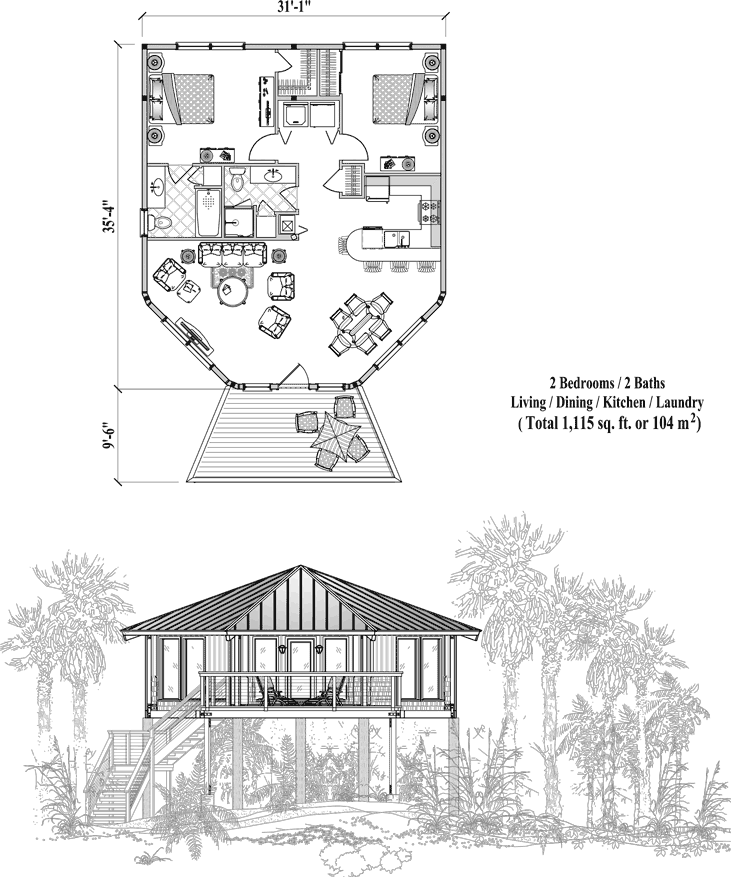 Prefab Piling House Plan - PGE-0307 (1115 sq. ft.) 2 Bedrooms, 2 Baths