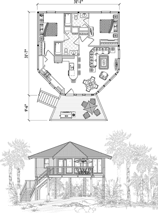Piling House Plan PGE-0310 (900 Sq. Ft.) 2 Bedrooms 2 Bathrooms