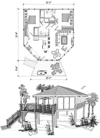 Piling House Plan PGE-0310 (900 Sq. Ft.) 2 Bedrooms 2 Bathrooms