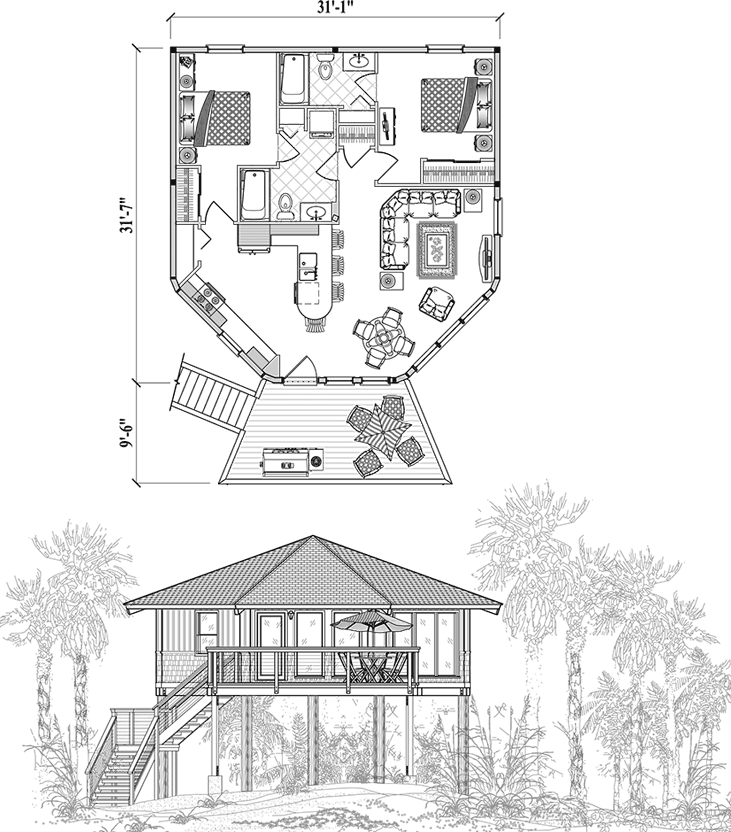 Prefab Piling House Plan - PGE-0310 (900 sq. ft.) 2 Bedrooms, 2 Baths