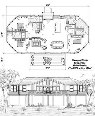 Piling House Plan PGE-0311 (1930 Sq. Ft.) 3 Bedrooms 3 Bathrooms