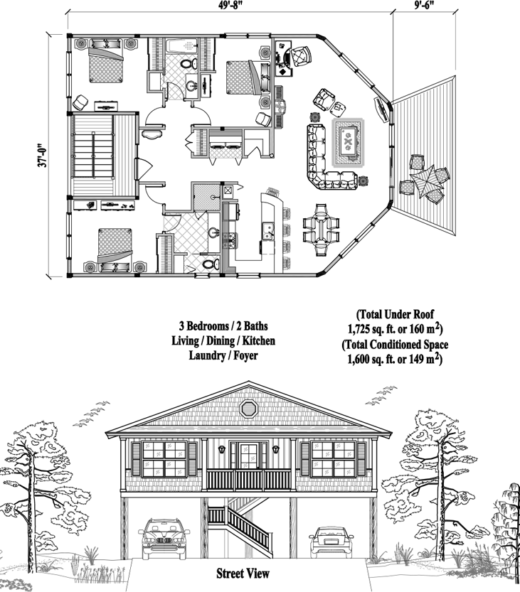 Prefab Piling House Plan - PGE-0401 (1600 sq. ft.) 3 Bedrooms, 2 Baths