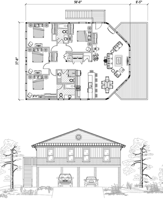 Piling House Plan PGE-0403 (1735 Sq. Ft.) 4 Bedrooms 3 Bathrooms