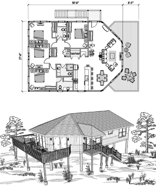 Piling House Plan PGE-0403 (1735 Sq. Ft.) 4 Bedrooms 3 Bathrooms