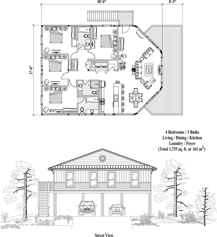 Prefab Piling House Plan - PGE-0403 (1735 sq. ft.) 4 Bedrooms, 3 Baths