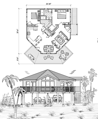 Piling House Plan PGE-1101 (1100 Sq. Ft.) 2 Bedrooms 2 Bathrooms