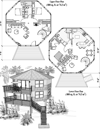 Two-Story Piling House Plan PGT-0303 (1600 Sq. Ft.) 3 Bedrooms 2 Bathrooms