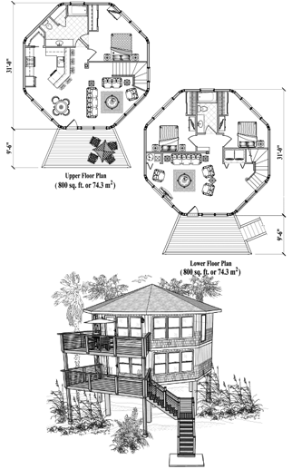 Elevated Two-Story Piling home,   Floor Plan (1600 Sq. Ft. with 4 Bedrooms and 2.5 Bathrooms, including Living, Dining, Kitchen, Family, Laundry). Prefabricated in the US and exported/shipped internationally world-wide.