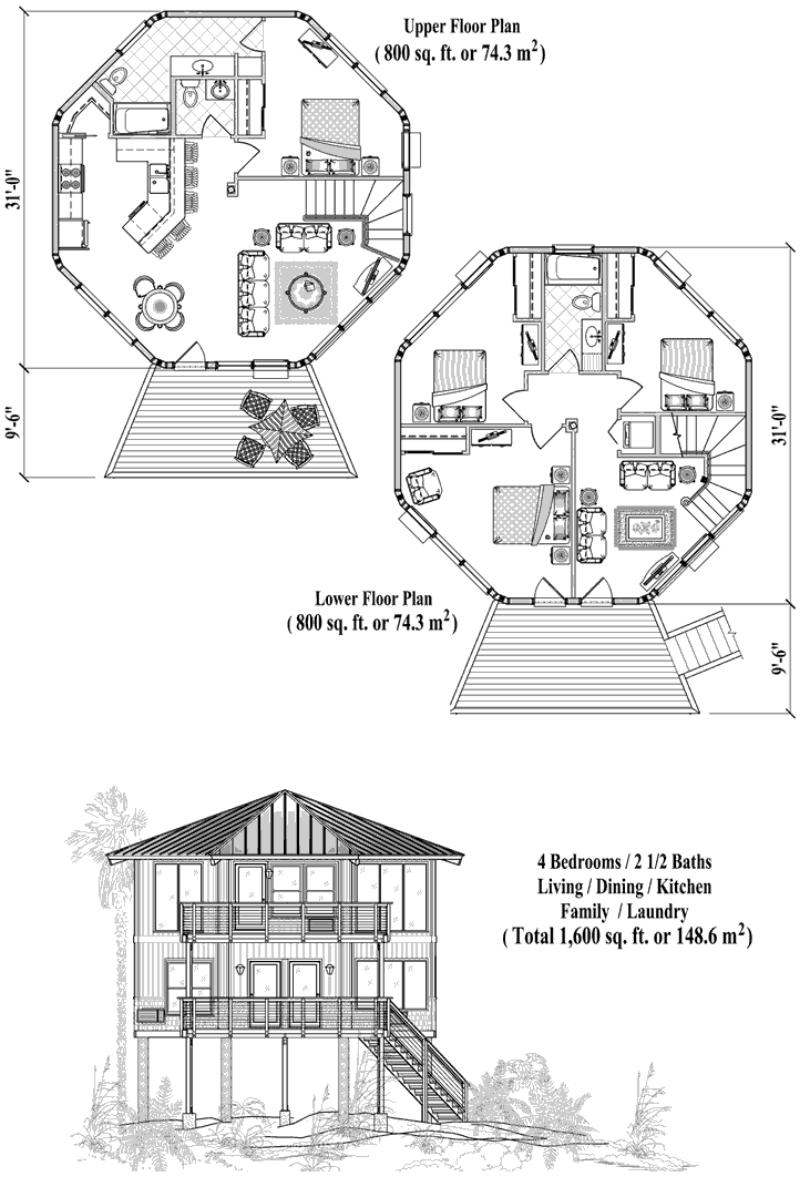 Prefab Two-Story Piling House Plan - PGT-0304 (1600 sq. ft.) 4 Bedrooms, 2 1/2 Baths
