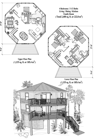 Two-Story Piling House Plan PGT-0404 (2400 Sq. Ft.) 4 Bedrooms 3.5 Bathrooms