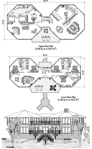 Two-Story Piling House Plan PGT-0408 (4120 Sq. Ft.) 6 Bedrooms 4.5 Bathrooms