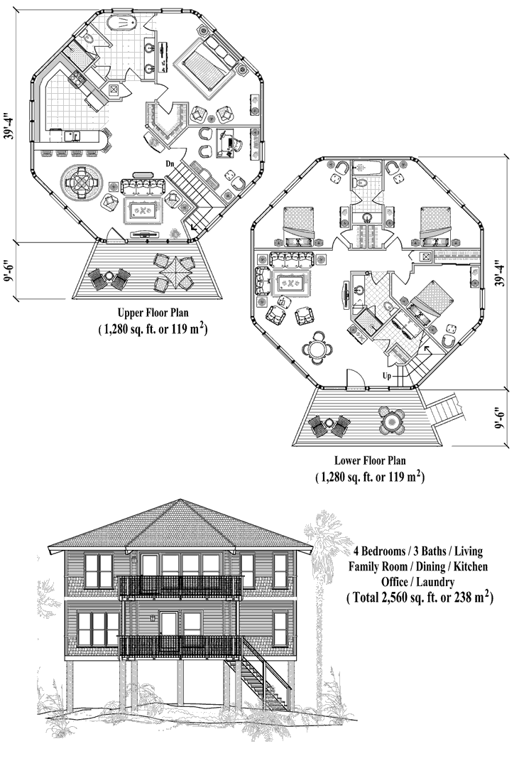Prefab Two-Story Piling House Plan - PGT-0501 (2560 sq. ft.) 4 Bedrooms, 3 Baths