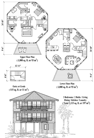 Two-Story Piling House Plan PGT-1106 (2115 Sq. Ft.) 3 Bedrooms 2 Bathrooms