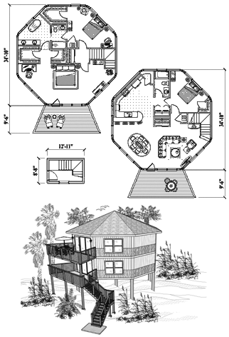 Two-Story Piling House Plan PGT-1106 (2115 Sq. Ft.) 3 Bedrooms 2 Bathrooms