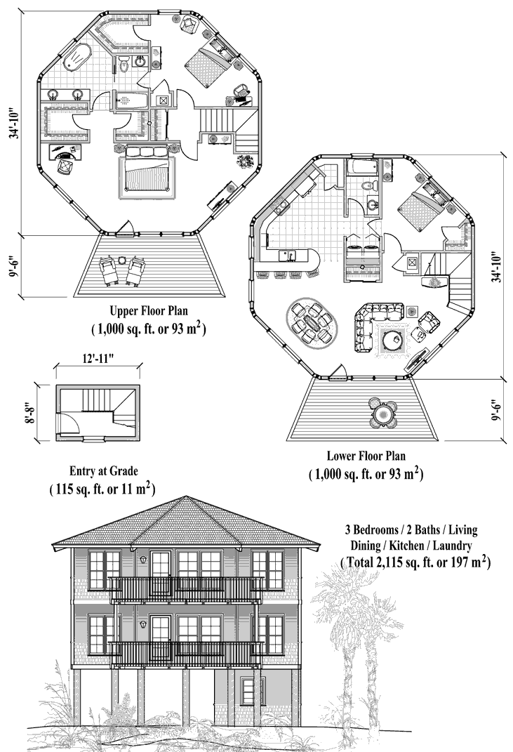 Prefab Two-Story Piling House Plan - PGT-1106 (2115 sq. ft.) 3 Bedrooms, 2 Baths