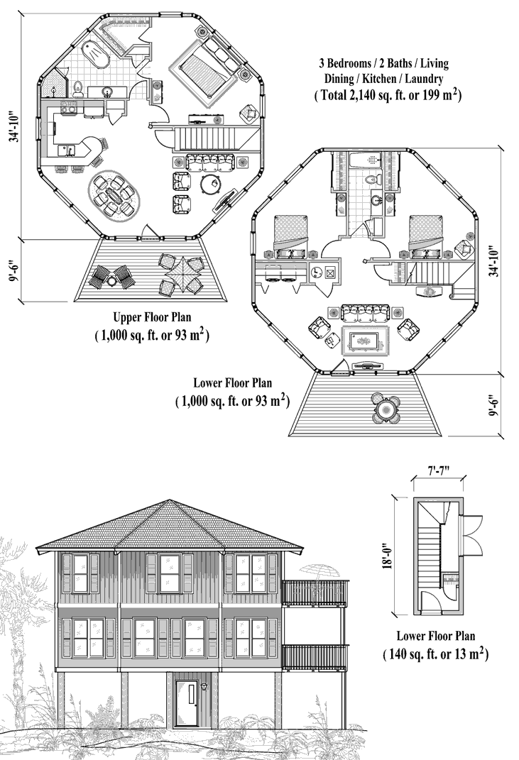 Prefab Two-Story Piling House Plan - PGT-1107 (2140 sq. ft.) 3 Bedrooms, 2 Baths