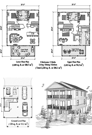 Elevated (Raised) Two-Story Piling House, Stilt House, Hurricane-Proof Home Floor Plan (2220 Sq. Ft. with 5 Bedrooms and 3 Bathrooms, including Living, Dining, Kitchen). Best for home building in hurricane-prone Beach Front, Oceanfront, Island & Tropical locations.