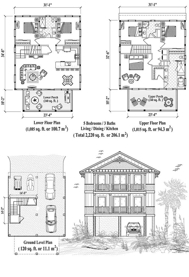 Prefab Two-Story Piling House Plan - PGT-2101 (2220 sq. ft.) 5 Bedrooms, 3 Baths