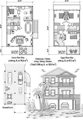 Beachfront & Coastal Two-Story Piling Home, Stilt Home, Hurricane-Proof House Floor Plan (1980 Sq. Ft. with 4 Bedrooms and 3 Bathrooms, including Living, Dining, Kitchen). Best for home building in Coastal, Beach Front, Oceanfront, Island & Tropical locations.