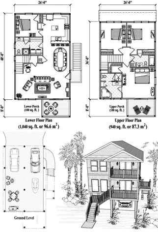 Elevated Stilt House, Two-Story Piling Home, Hurricane Proof Floor Plan (1980 Sq. Ft. with 4 Bedrooms and 3 Bathrooms, including Living, Dining, Kitchen). Ideal for home building in hurricane-prone areas with strict building codes.