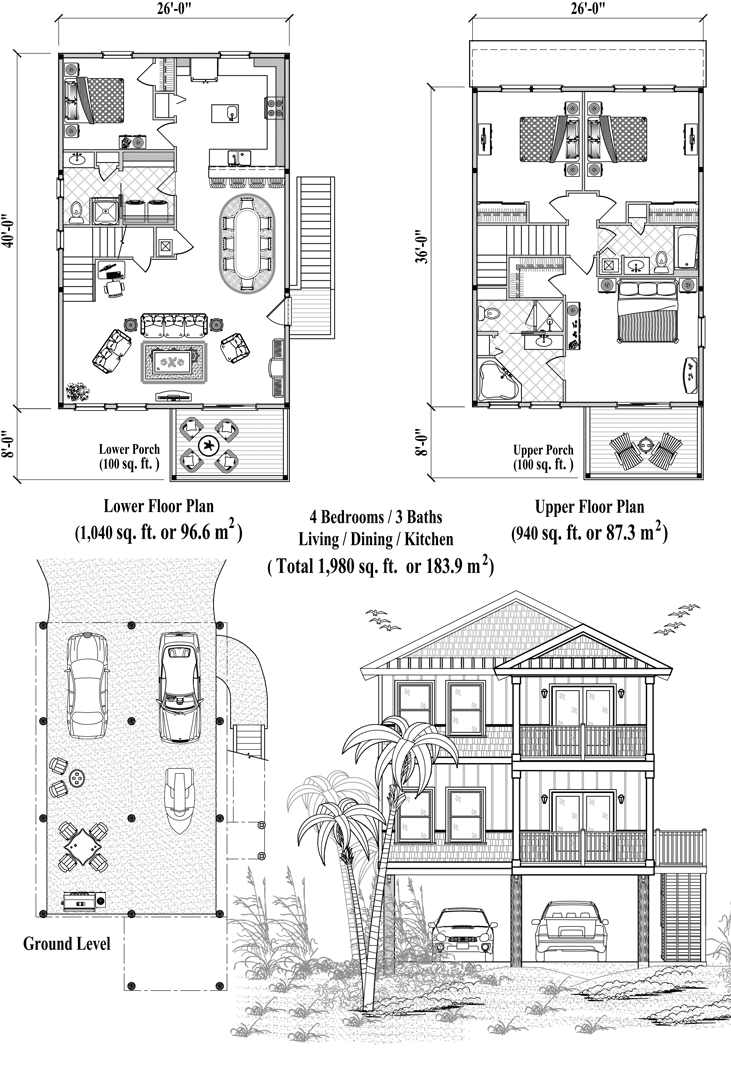Two-Story Piling Prefab Online House Plan Collection PGT-2102 (1980 sq. ft.) 4 Bedrooms, 3 Baths