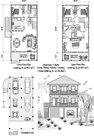 Elevated Hurricane Home House Plans (Two-Story Piling foundation) Floor Plan (2060 Sq. Ft. with 4 Bedrooms and 3 Bathrooms, including Living, Dining, Kitchen, Laundry). Best for home building in Coastal regions and Tropical Islands.