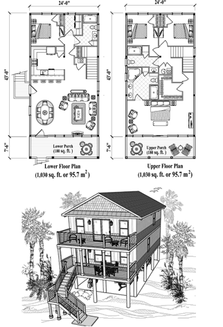 Beachfront & Coastal Two-Story Piling Home, Stilt Home, Hurricane-Proof House Floor Plan (2060 Sq. Ft. with 4 Bedrooms and 3 Bathrooms, including Living, Dining, Kitchen, Laundry). Best for home building in Coastal, Beach Front, Oceanfront, Island & Tropical locations.