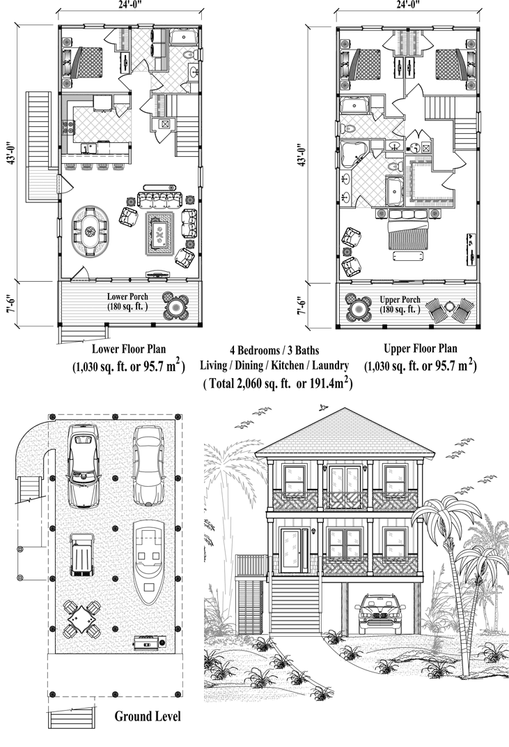 Prefab Two-Story Piling House Plan - PGT-2103 (2060 sq. ft.) 4 Bedrooms, 3 Baths