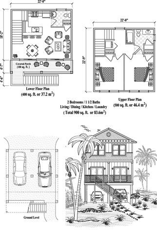Elevated (Raised) Two-Story Piling House, Stilt House, Hurricane-Proof Home Floor Plan (900 Sq. Ft.) with 2 Bedrooms and 1.5 Bathrooms (includes Living, Dining, Kitchen, Laundry). Best for home building in hurricane-prone Beach Front, Oceanfront, Island & Tropical locations.