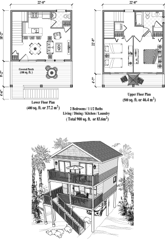 Elevated (Raised) Two-Story Piling House, Stilt House, Hurricane-Resistant Home Floor Plan (900 Sq. Ft. with 2 Bedrooms and 1.5 Bathrooms, including Living, Dining, Kitchen, Laundry). Perfect for house building in hurricane-prone Coastal, Beach Front, Oceanfront, Island & Tropical locations.