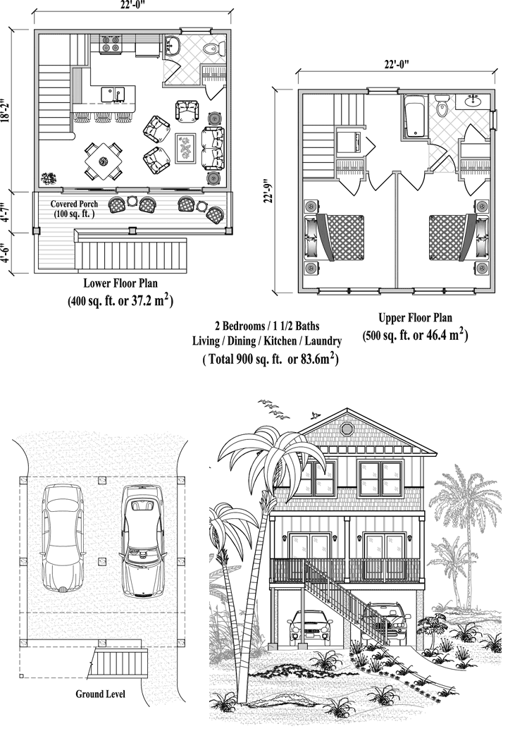Prefab Two-Story Piling House Plan - PGT-2104 (900 sq. ft.) 2 Bedrooms, 1 1/2 Baths