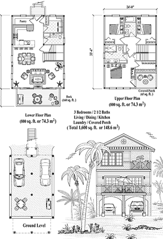 Elevated (Raised) Two-Story Piling House, Stilt House, Hurricane-Resistant Home Floor Plan (1600 Sq. Ft.) with 3 Bedrooms and 2.5 Bathrooms (includes Living, Dining, Kitchen, Laundry, Covered Porch). Perfect for house building in hurricane-prone Coastal, Beach Front, Oceanfront, Island & Tropical locations.